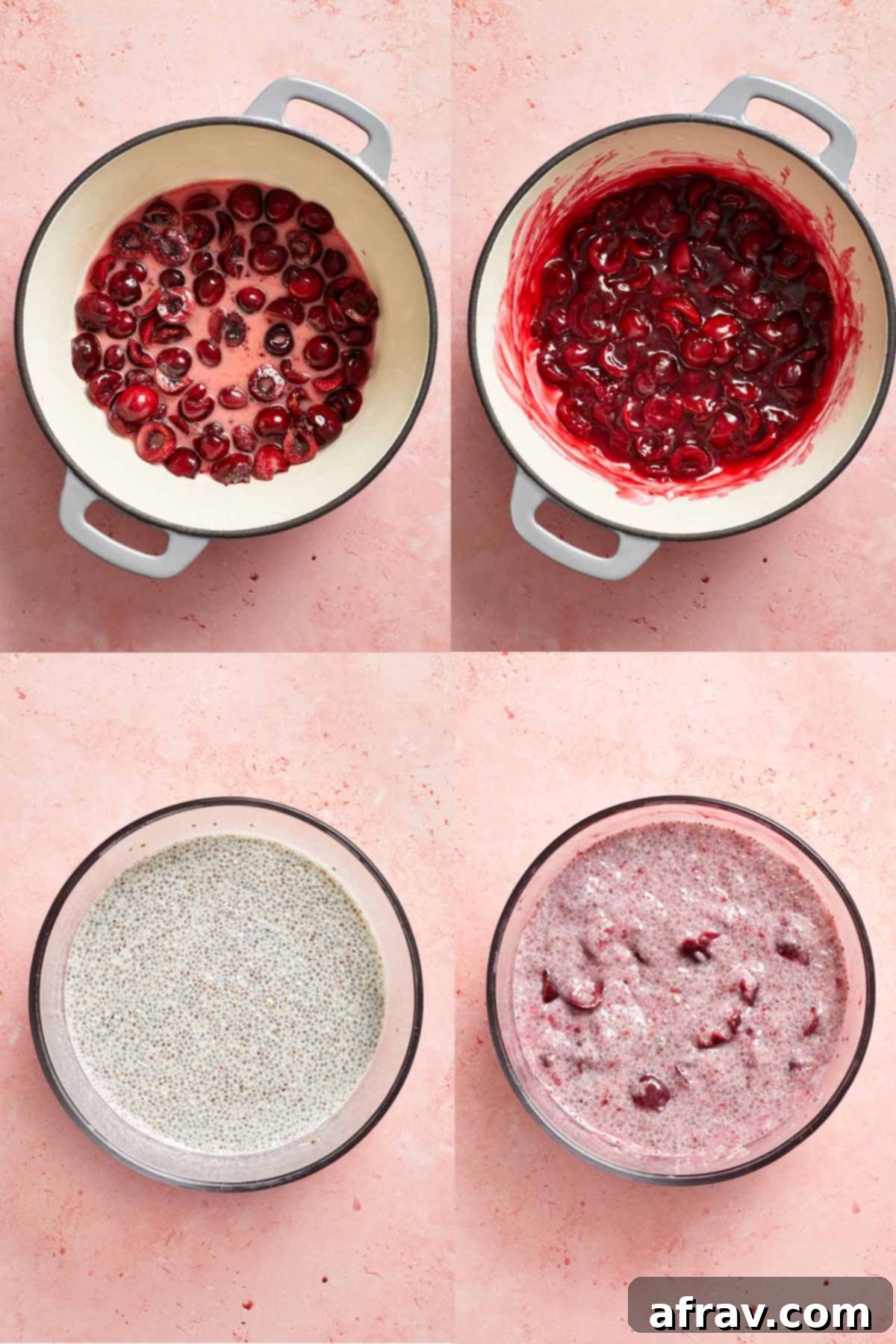 Delicious Dairy Free Gluten Free Cherry Chia Pudding 4 Collage of 4 images showing how the cherry compote and chia pudding are made.