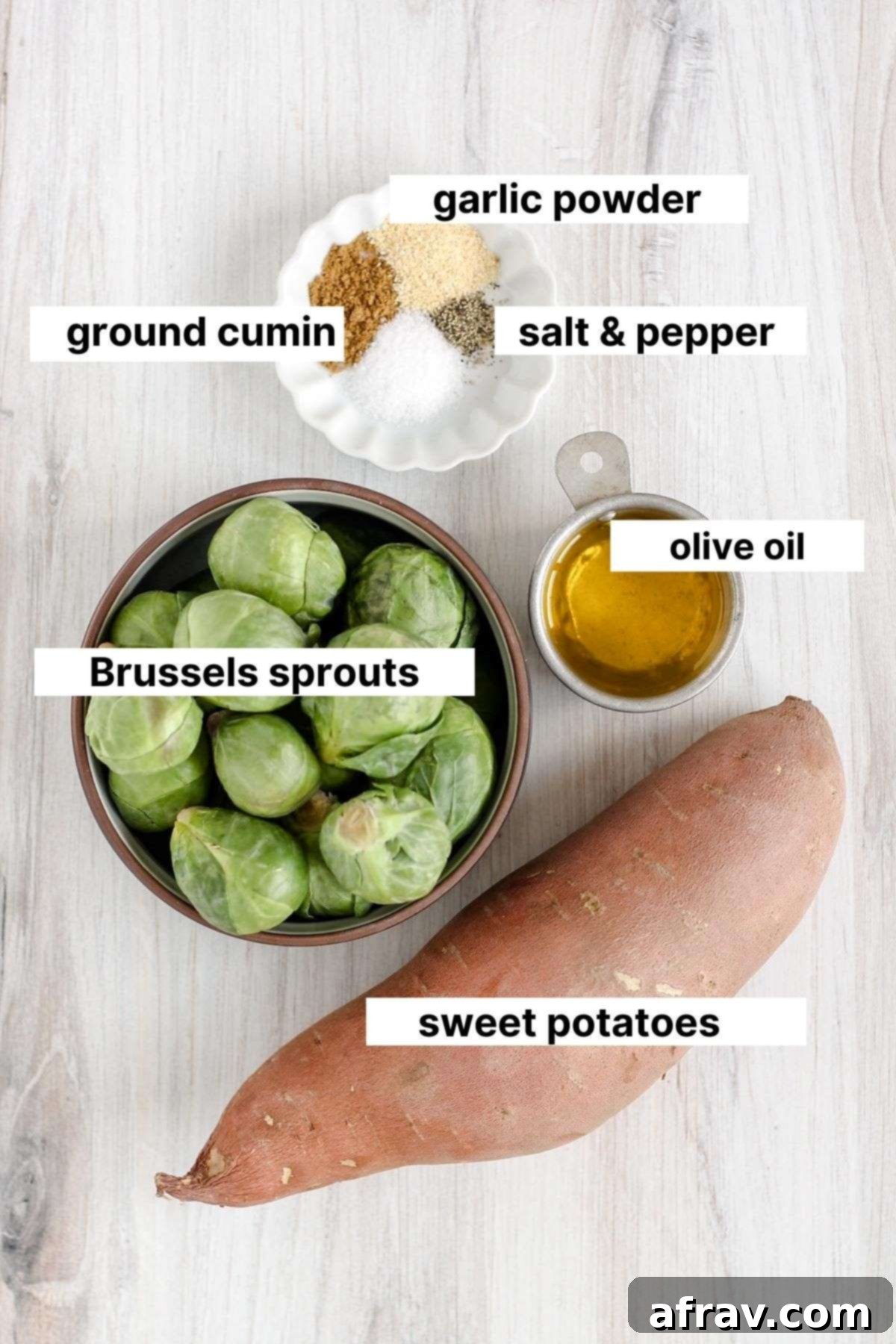 Labeled ingredients for Brussels sprouts and sweet potatoes.