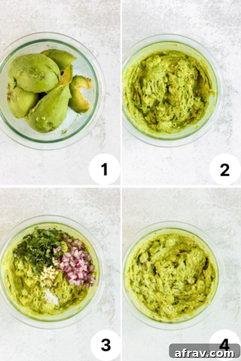 4 quadrants of each step in the process of making guacamole