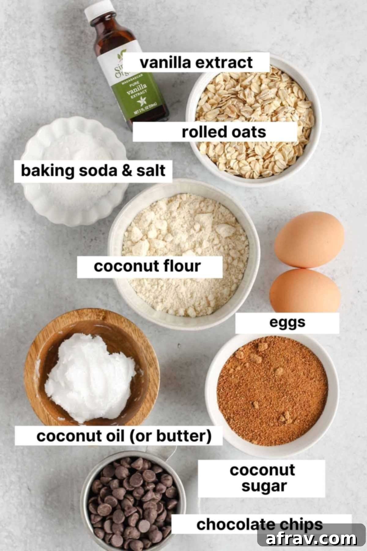 Effortless Coconut Flour Oatmeal Delights 3 Labeled ingredients for oatmeal cookies with coconut flour, neatly arranged for visual clarity.