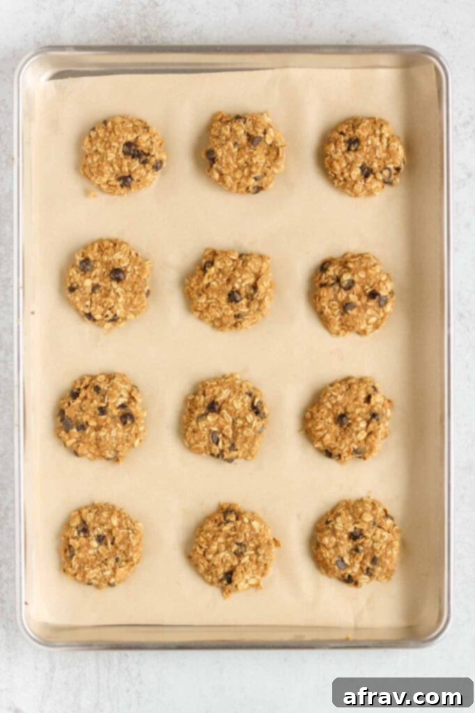 Effortless Coconut Flour Oatmeal Delights 5 Oatmeal cookies on baking sheet before being baked, showing their pre-baked shape.