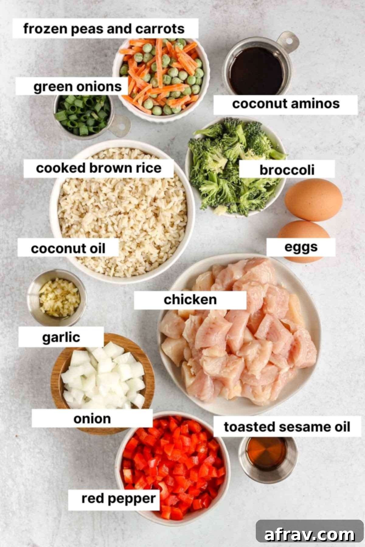 Labeled ingredients for healthy chicken fried rice.