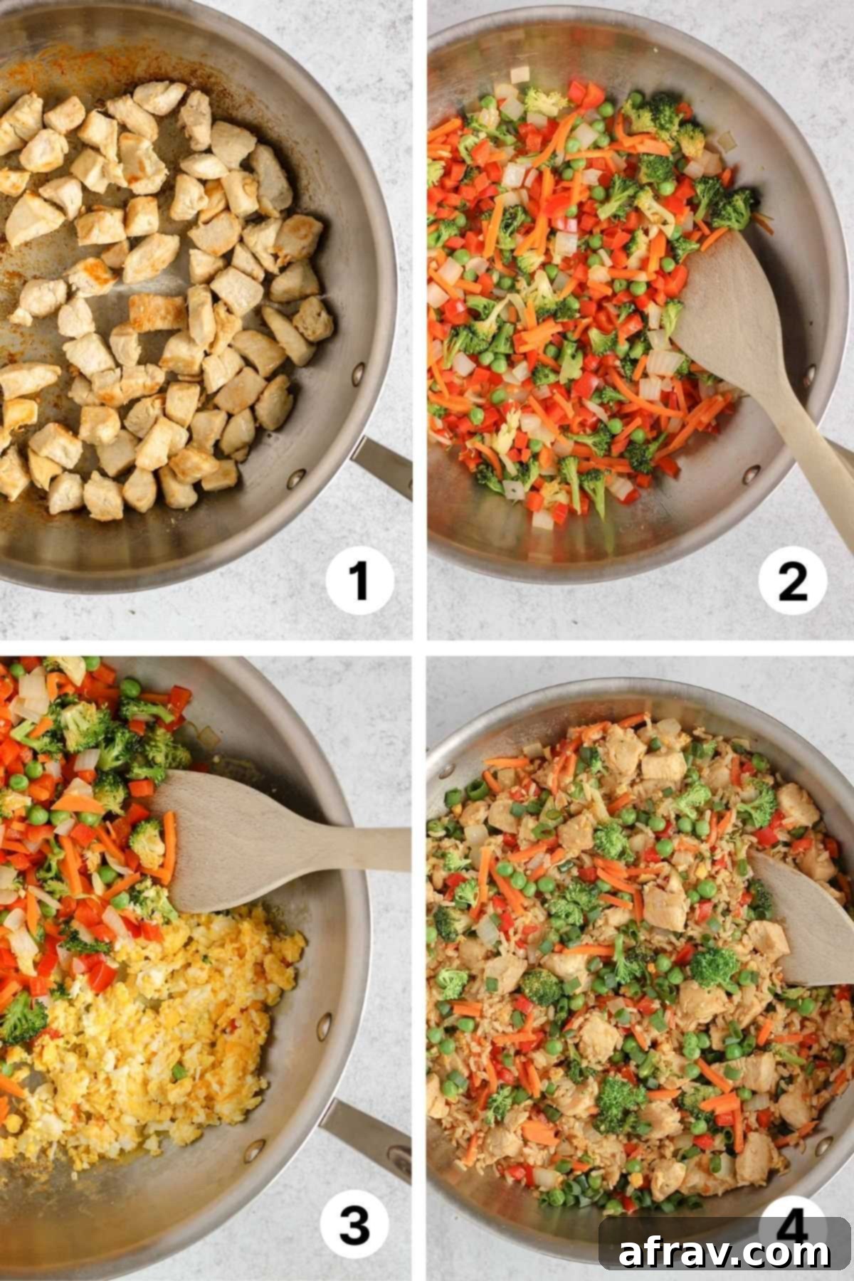 Process shots for making chicken fried rice.