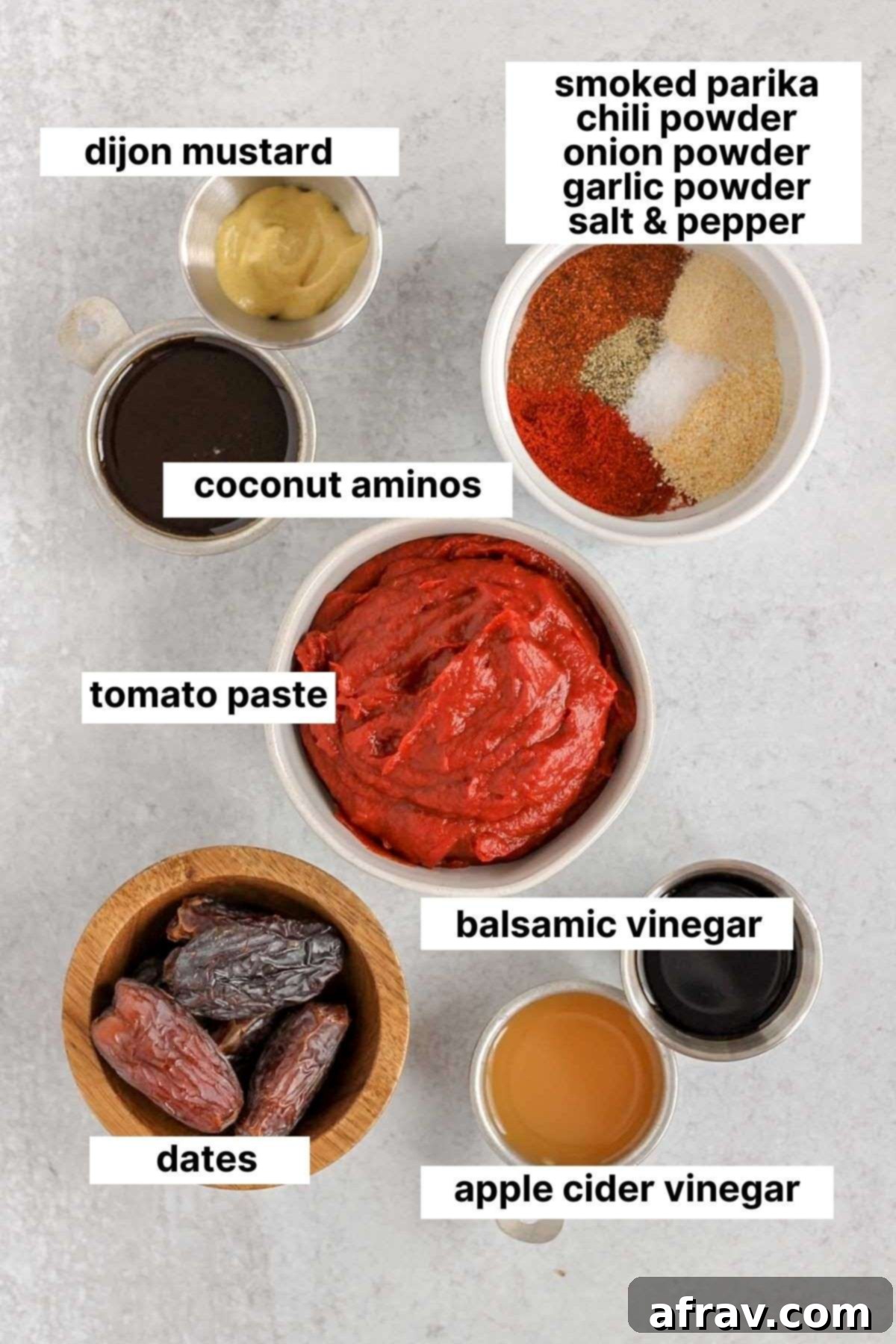 Delicious Whole30 Paleo BBQ Sauce 6 Collection of labeled ingredients for Whole30 and Paleo BBQ sauce, including dates, tomato paste, and spices.