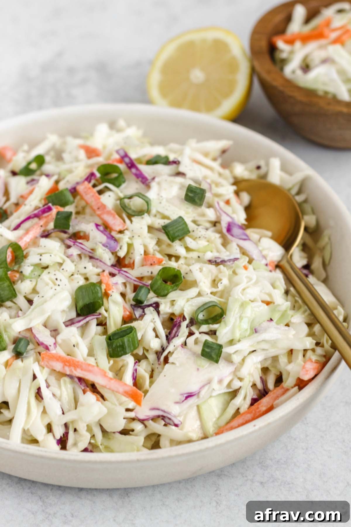 Creamy coleslaw topped with fresh green onions in a rustic serving bowl.
