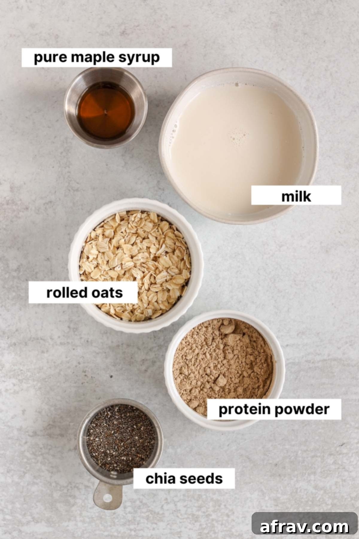 Labeled ingredients for protein powder overnight oats.