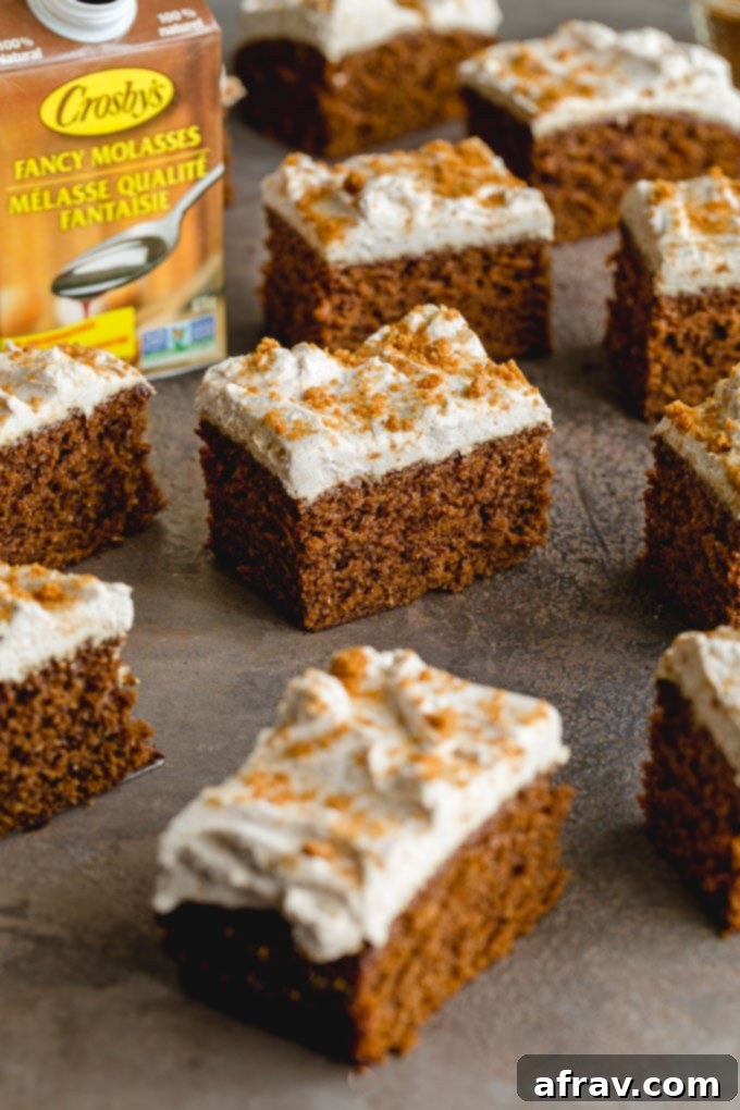 Pieces of gingerbread cake topped with dairy-free whipped cream with a carton of molasses in the background.