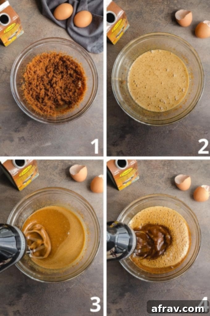 Collage of 4 images showing how the wet ingredients for the cake are mixed together in a glass bowl.