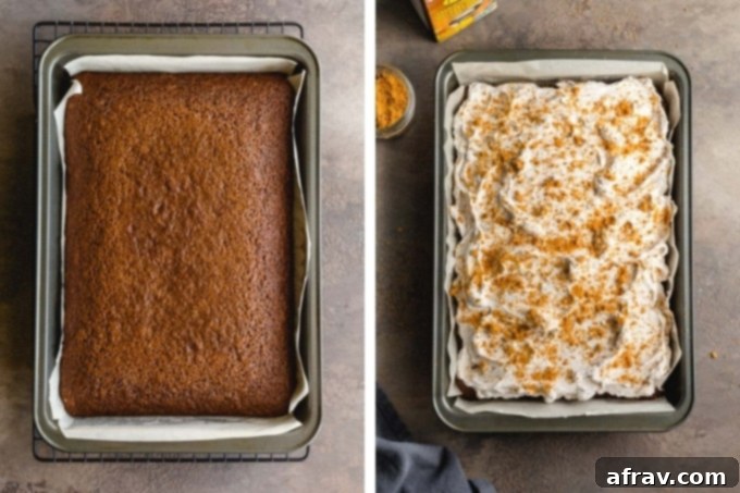 Collage of 2 side-by-side images showing the cake in the cake pan, first photo is unfrosted and the other is frosted.