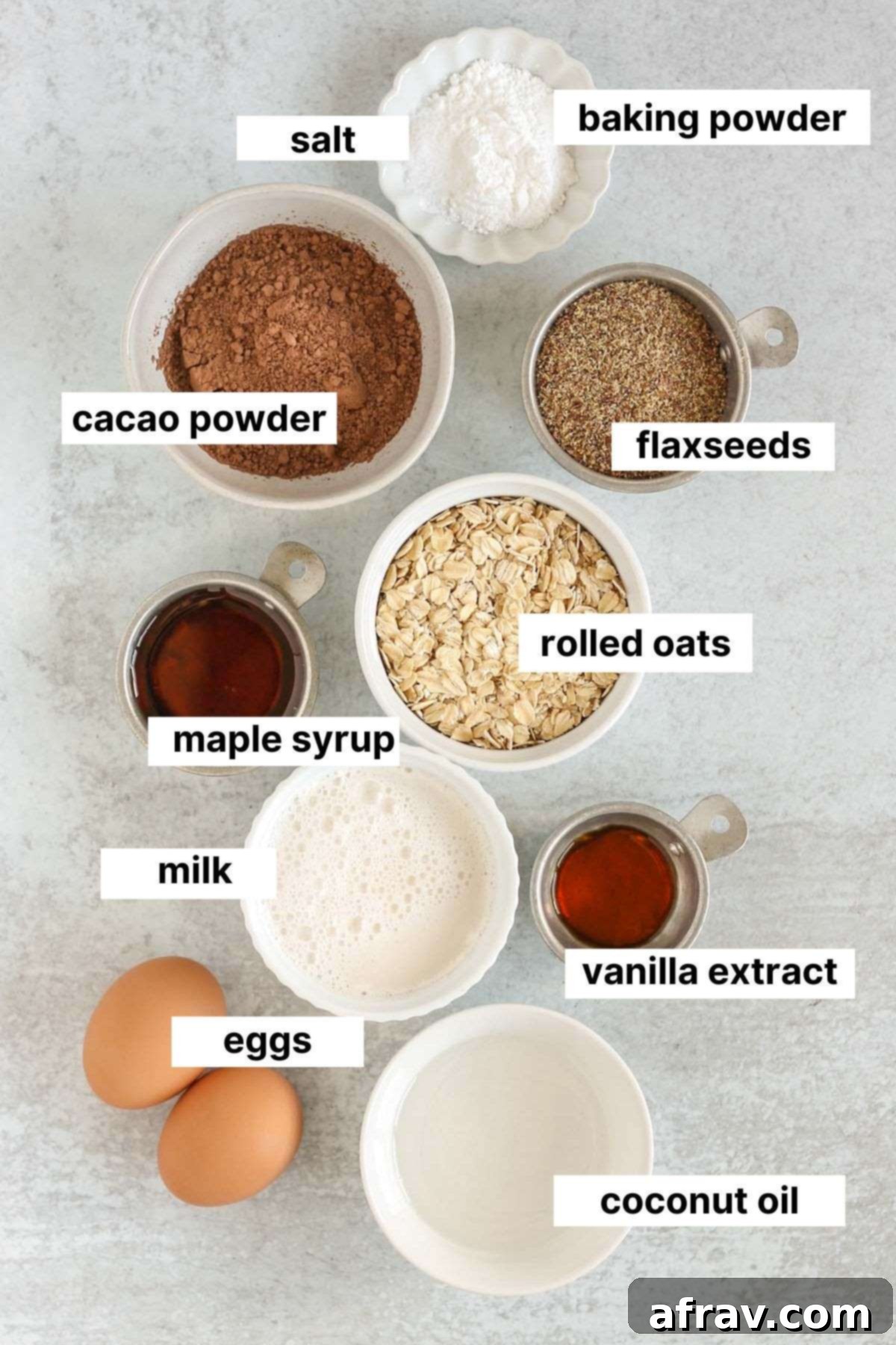 Labeled ingredients for chocolate baked oatmeal.