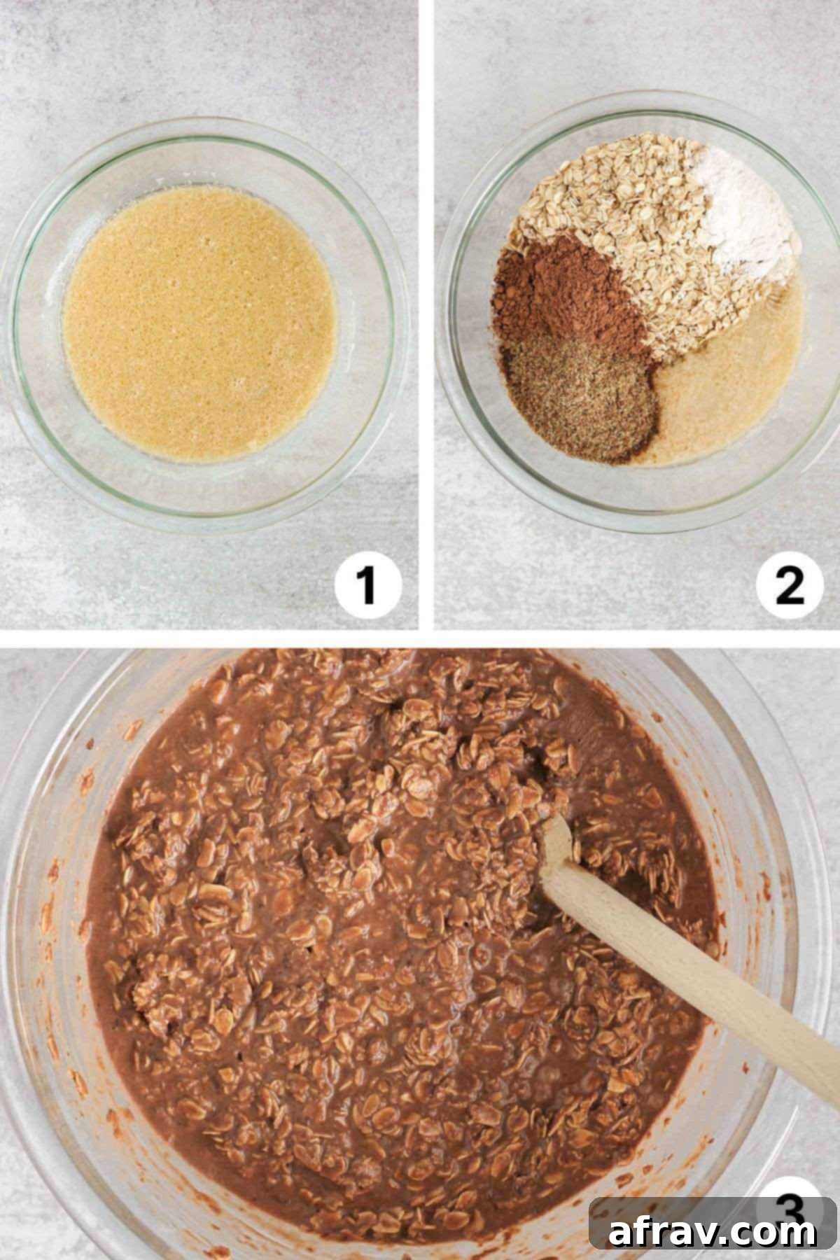 Process shots for making chocolate baked oats.