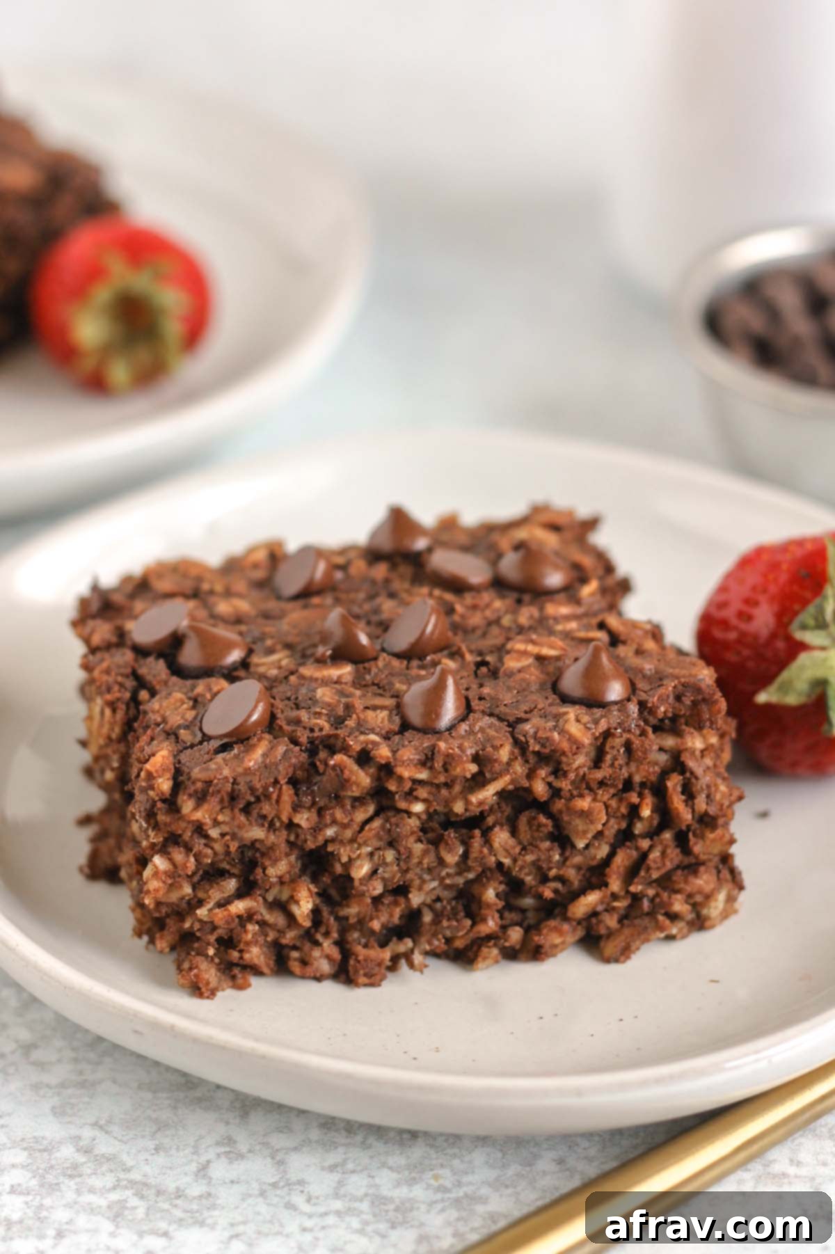 Close-up of a square piece of chocolate baked oats.