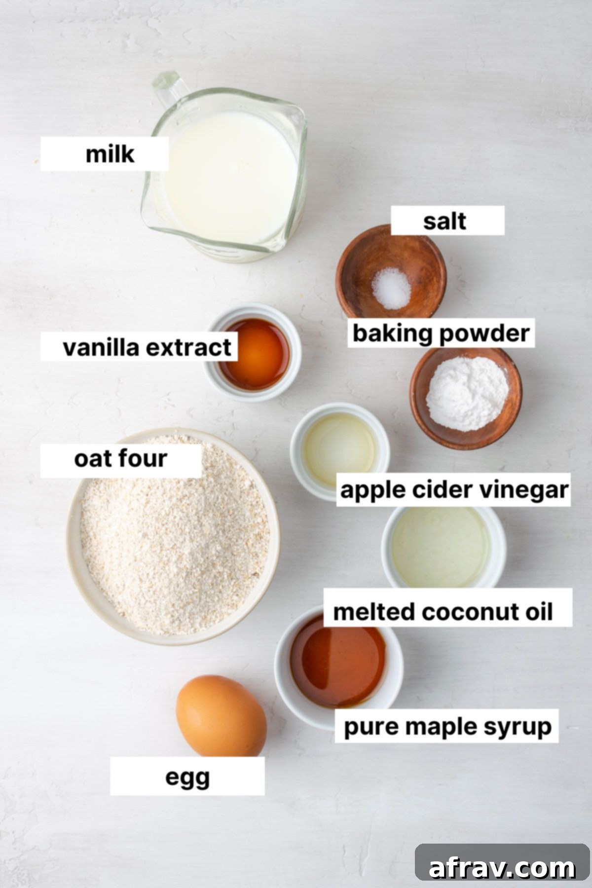 Labeled ingredients for oat flour pancakes.