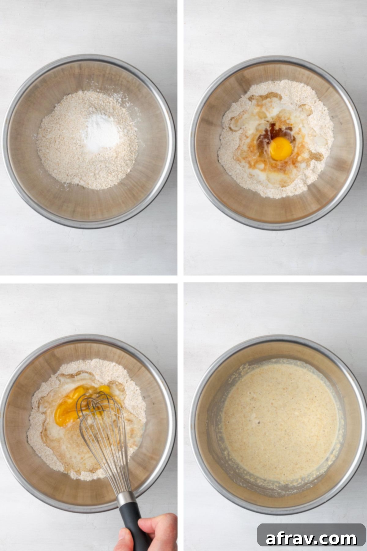 Process shots for making oat flour pancake batter.