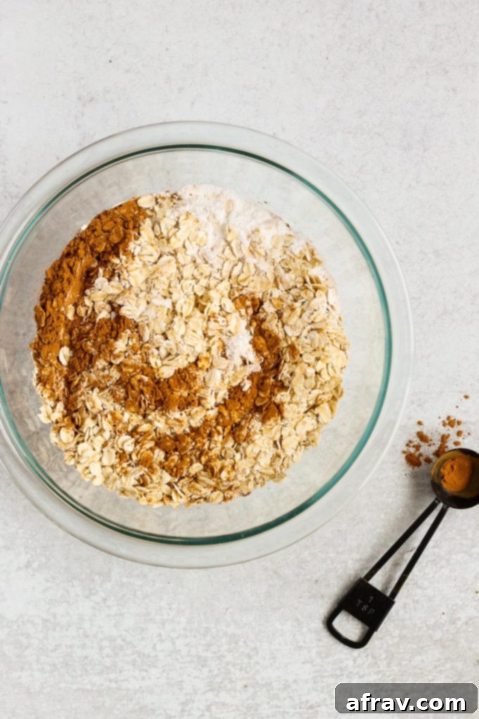 Overhead view of dry ingredients like rolled oats, cinnamon, and baking powder in a large mixing bowl, ready to be combined