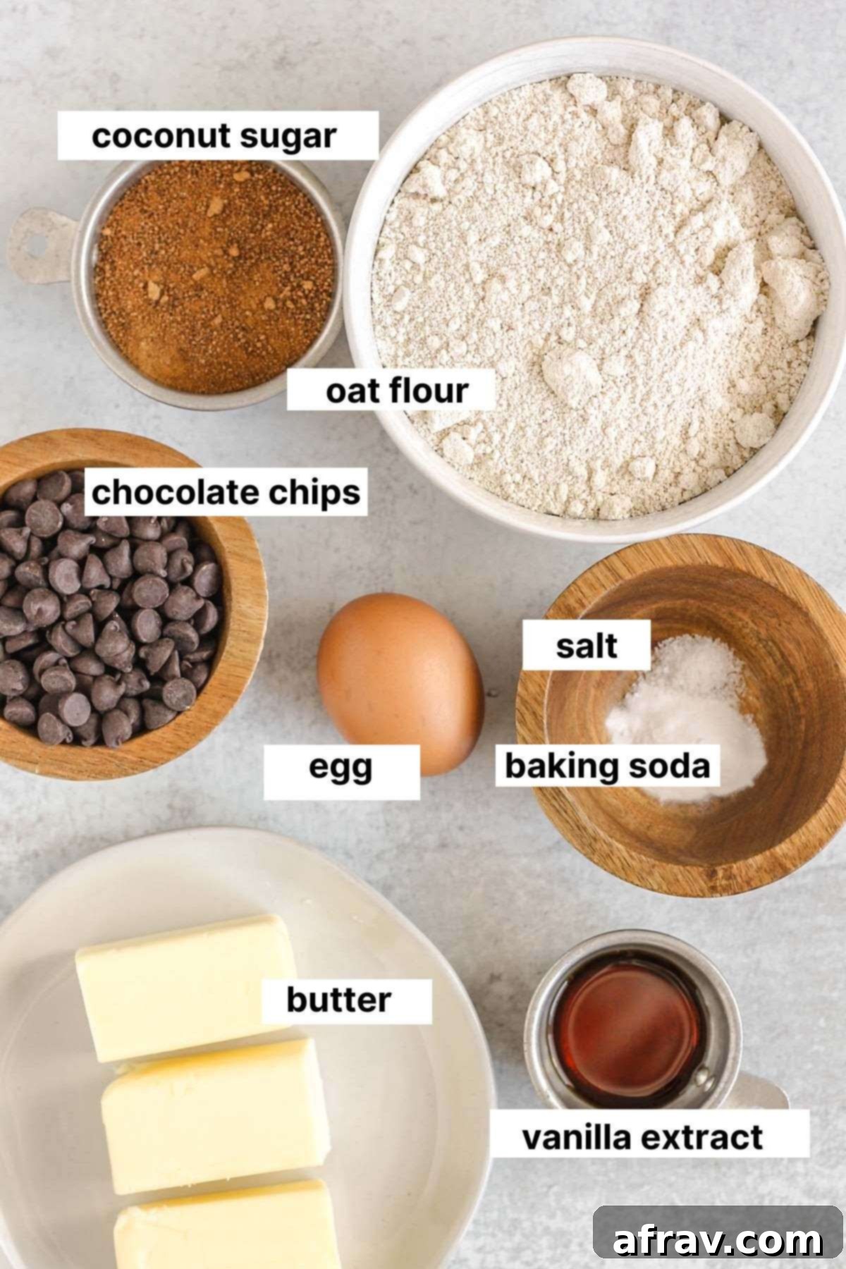 Labeled ingredients for oat flour cookies.