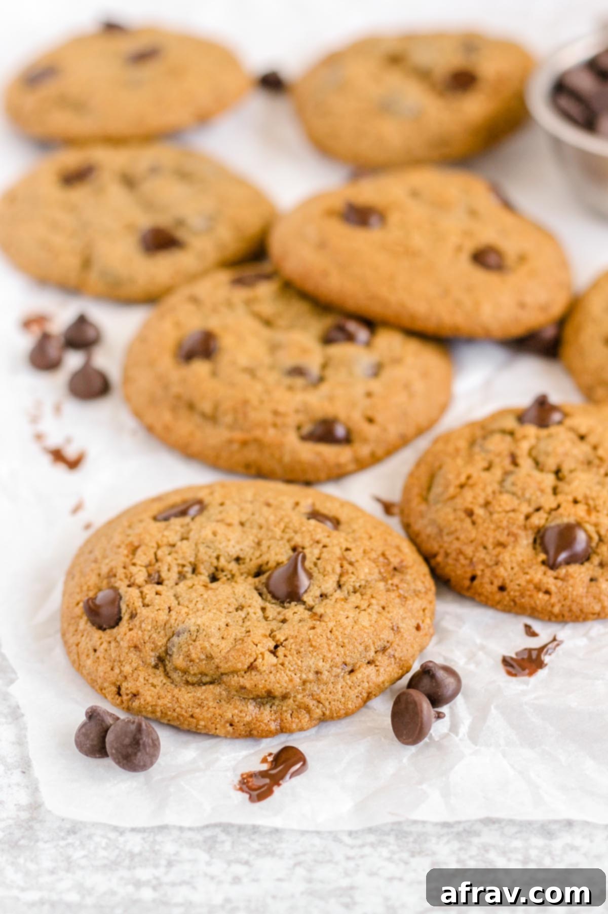 Oat flour chocolate chip cookies spread out on white parchment paper with chocolate chips sprinkled between cookies.