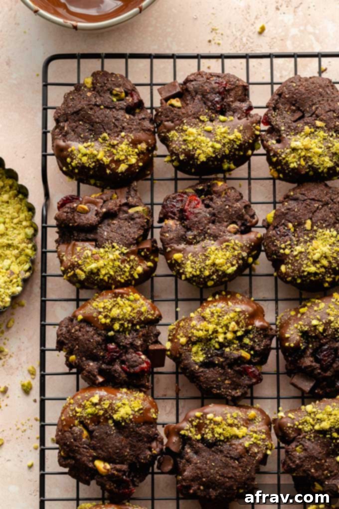 Cranberry Pistachio Cocoa Cookies dipped in chocolate