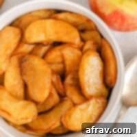 Air fried apples sprinkled with cinnamon in a small white bowl with a spoon next to the bowl.
