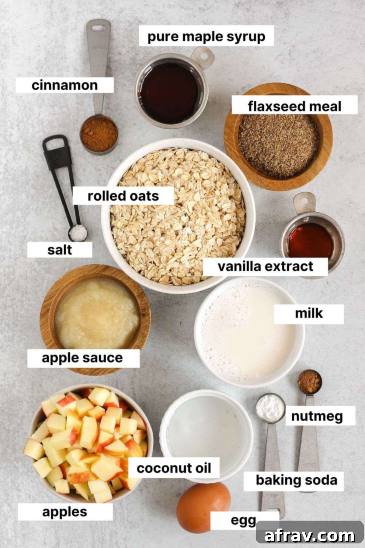 Labeled ingredients for apple cinnamon baked oatmeal.