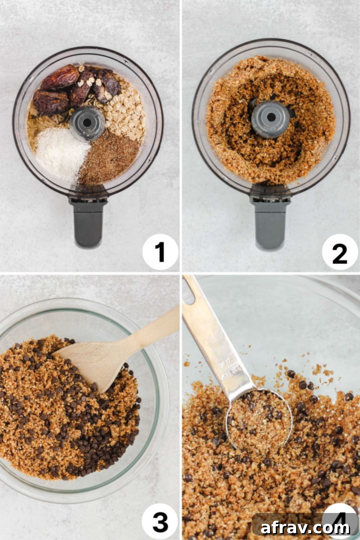 Nut Free Gluten Free Dairy Free Power Bites 4 A four-quadrant image illustrating the step-by-step process of preparing nut-free energy balls, from blending ingredients to rolling them into perfect spheres.
