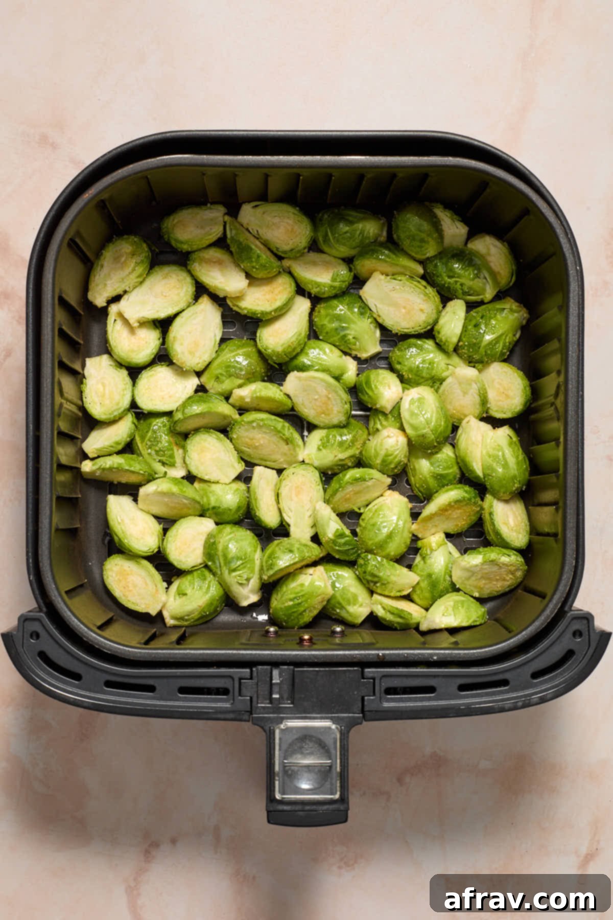 Seasoned Brussels sprouts arranged in an air fryer basket, demonstrating proper loading.