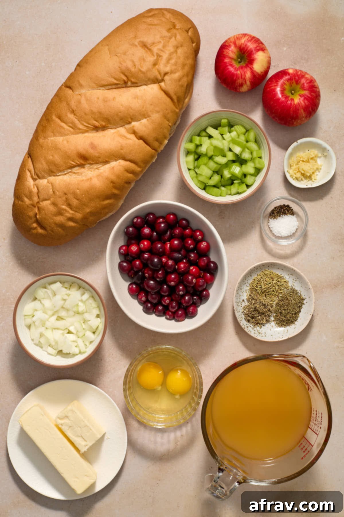 Festive Apple Cranberry Stuffing 3 Ingredients to make apple cranberry stuffing arranged individually.