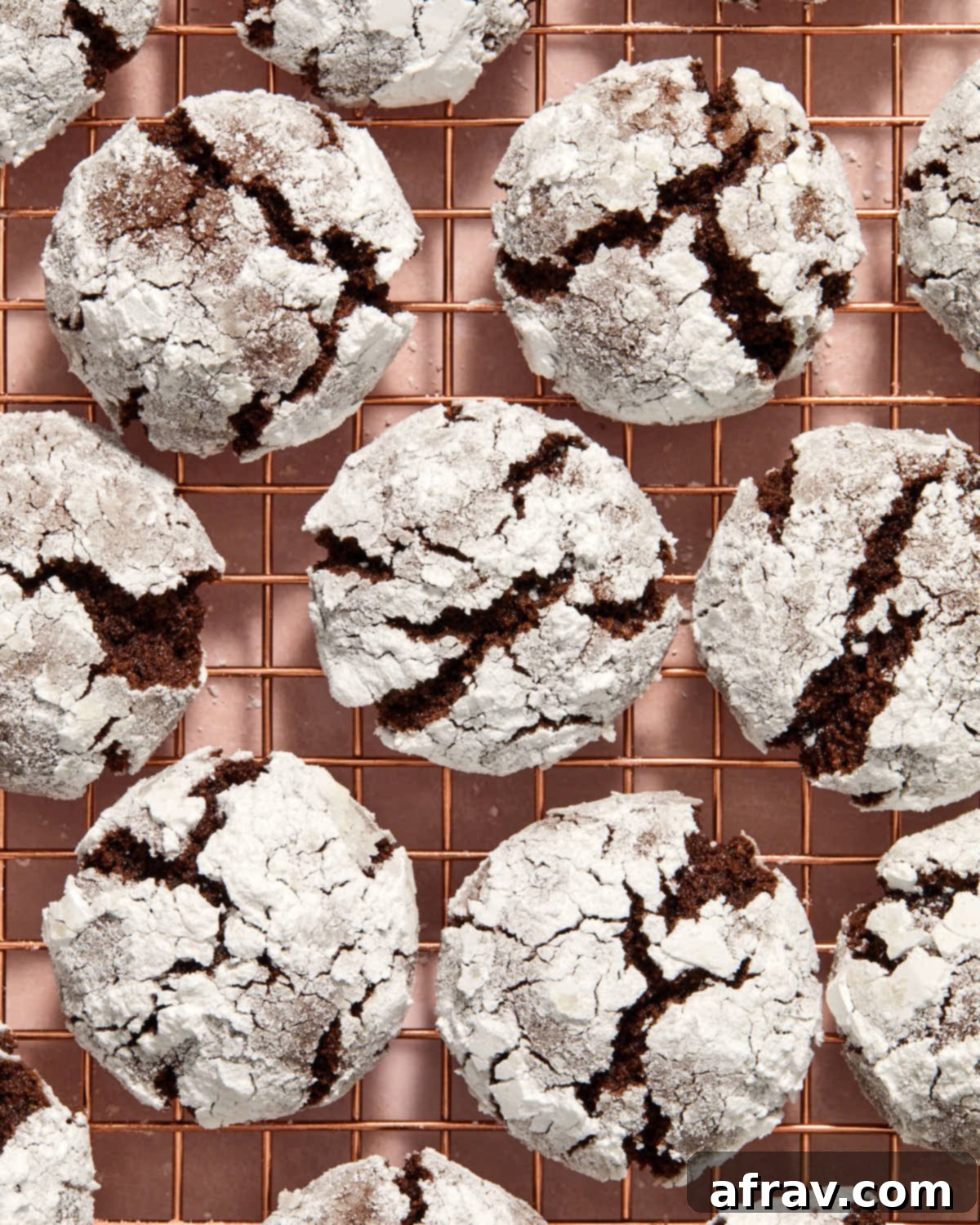 An overhead view of perfectly baked almond flour chocolate crinkle cookies arranged closely together on a wire cooling rack.